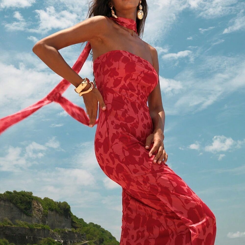 Red Casual Women's Beach Fairycore Wedding Party Elegant Knitted Mesh Print Form